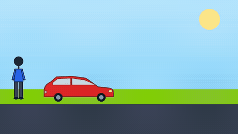 a car drives rightward on the road while a person stands still on the grass beside it